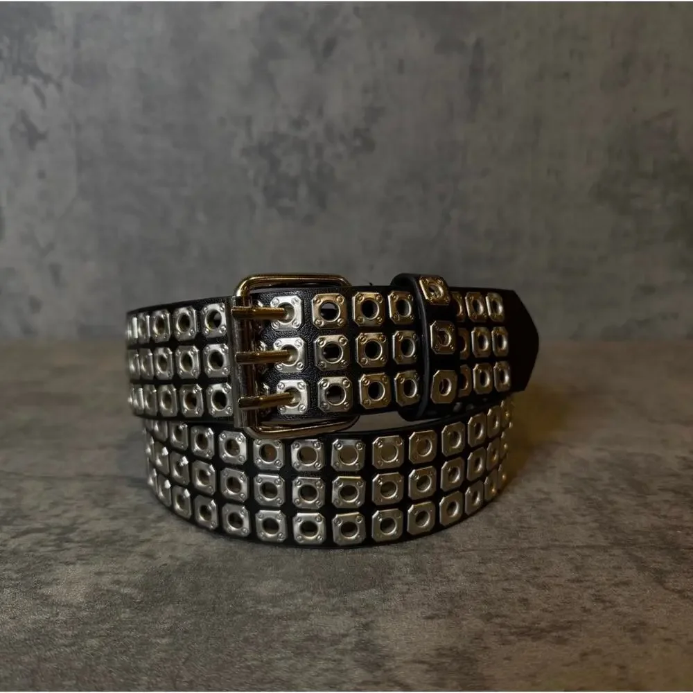 Black Studded Unisex Belt Silver Grommets Rocker Chic Punk Grunge Y2K NWOT Sz 32